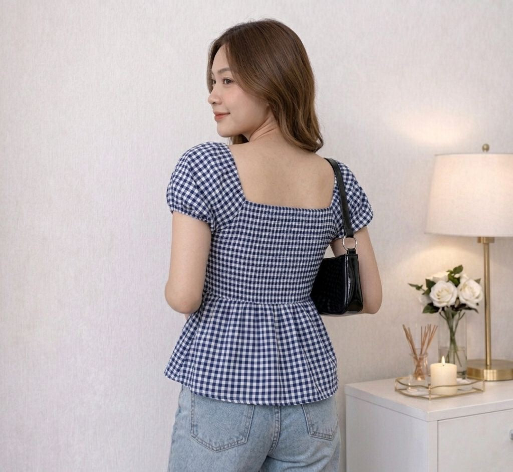Gingham Puff Sleeve Peplum top