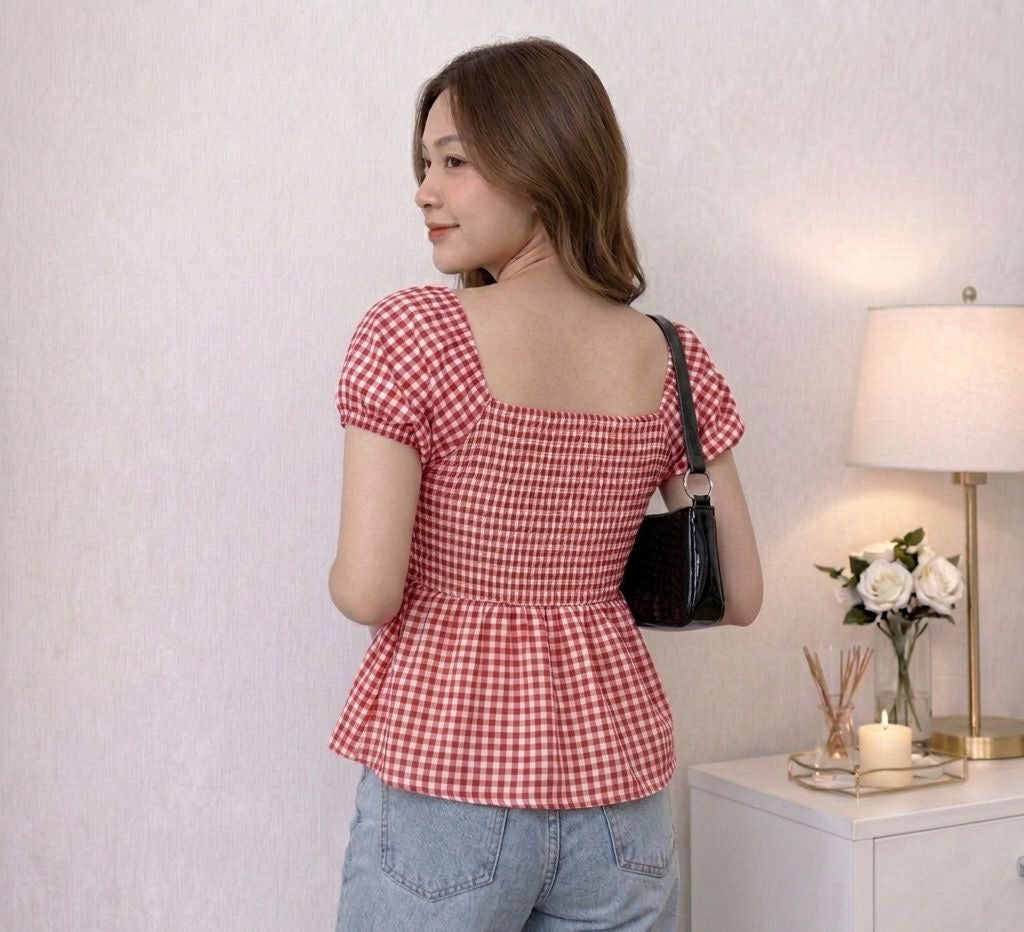 Gingham Puff Sleeve Peplum top