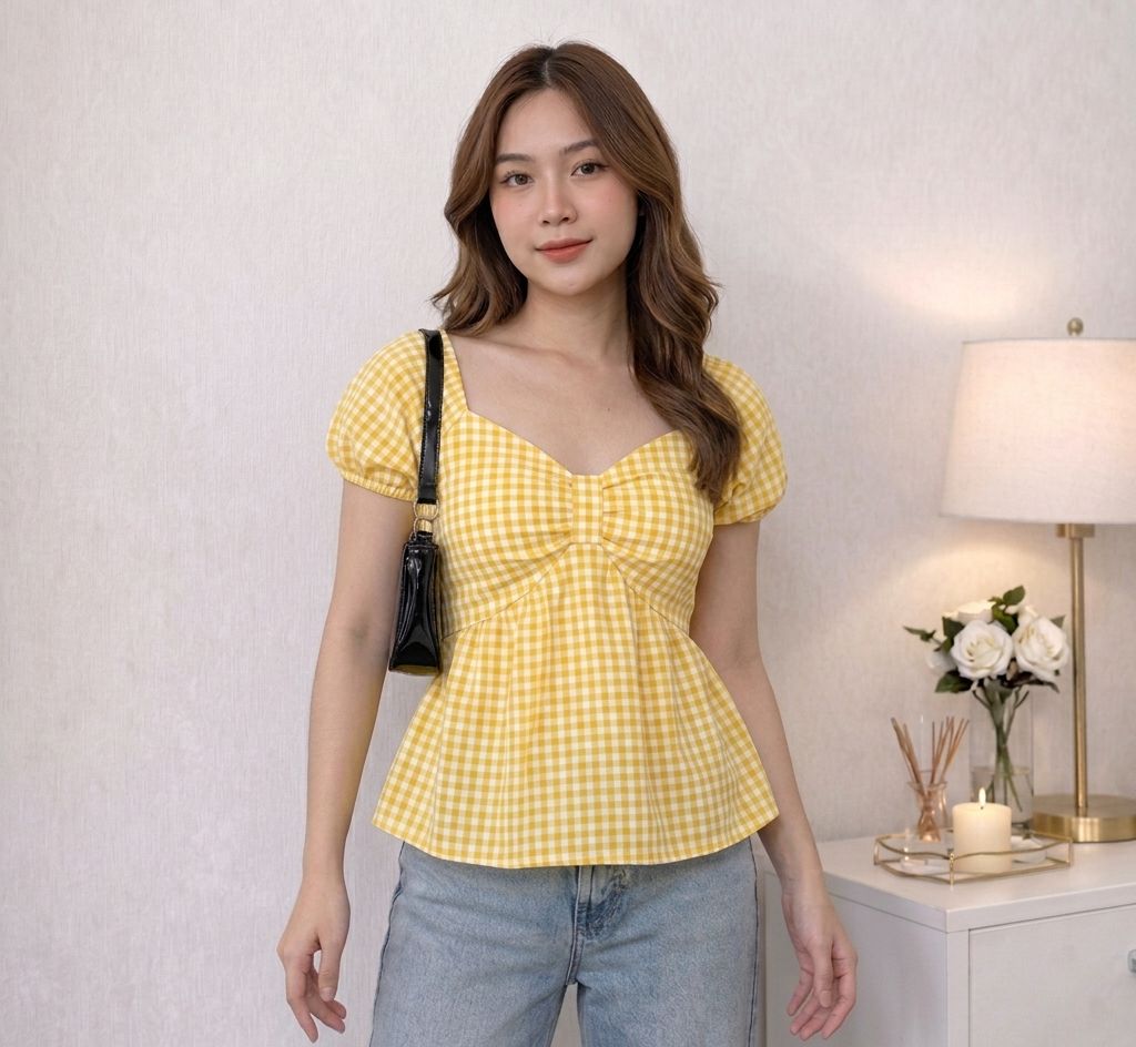 Gingham Puff Sleeve Peplum top