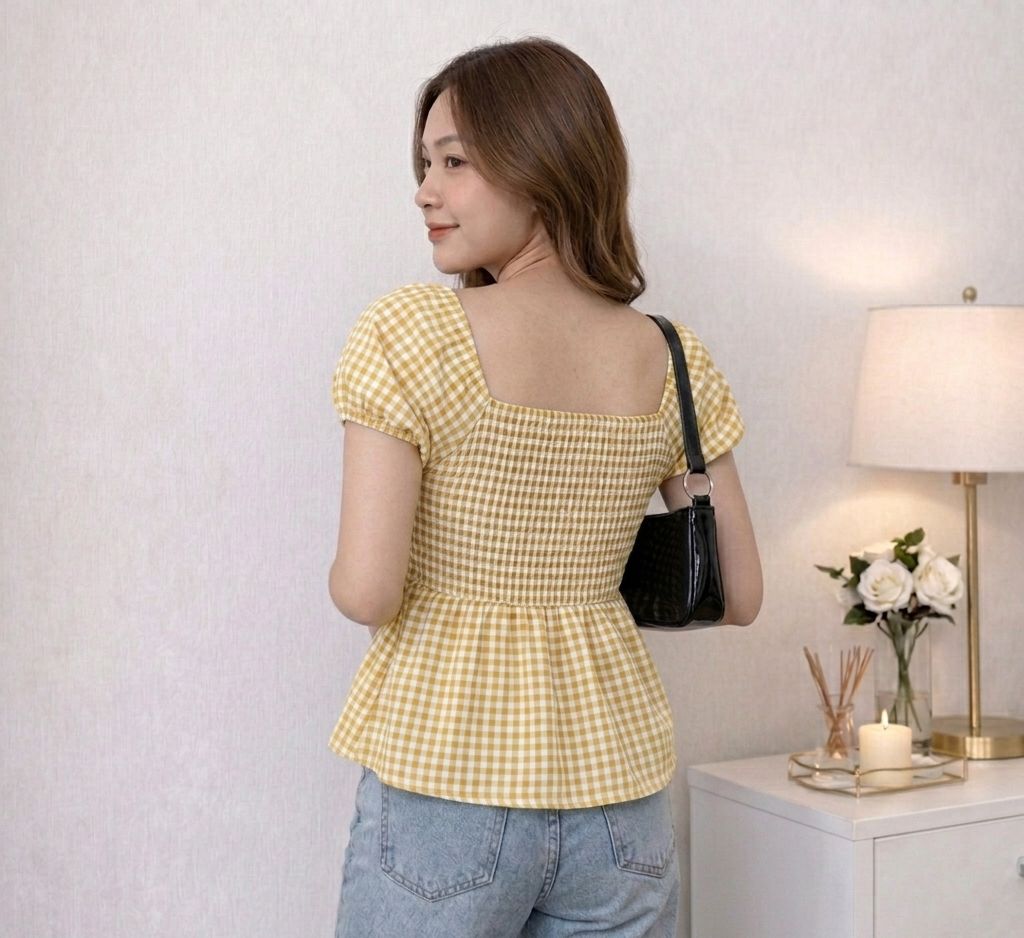Gingham Puff Sleeve Peplum top